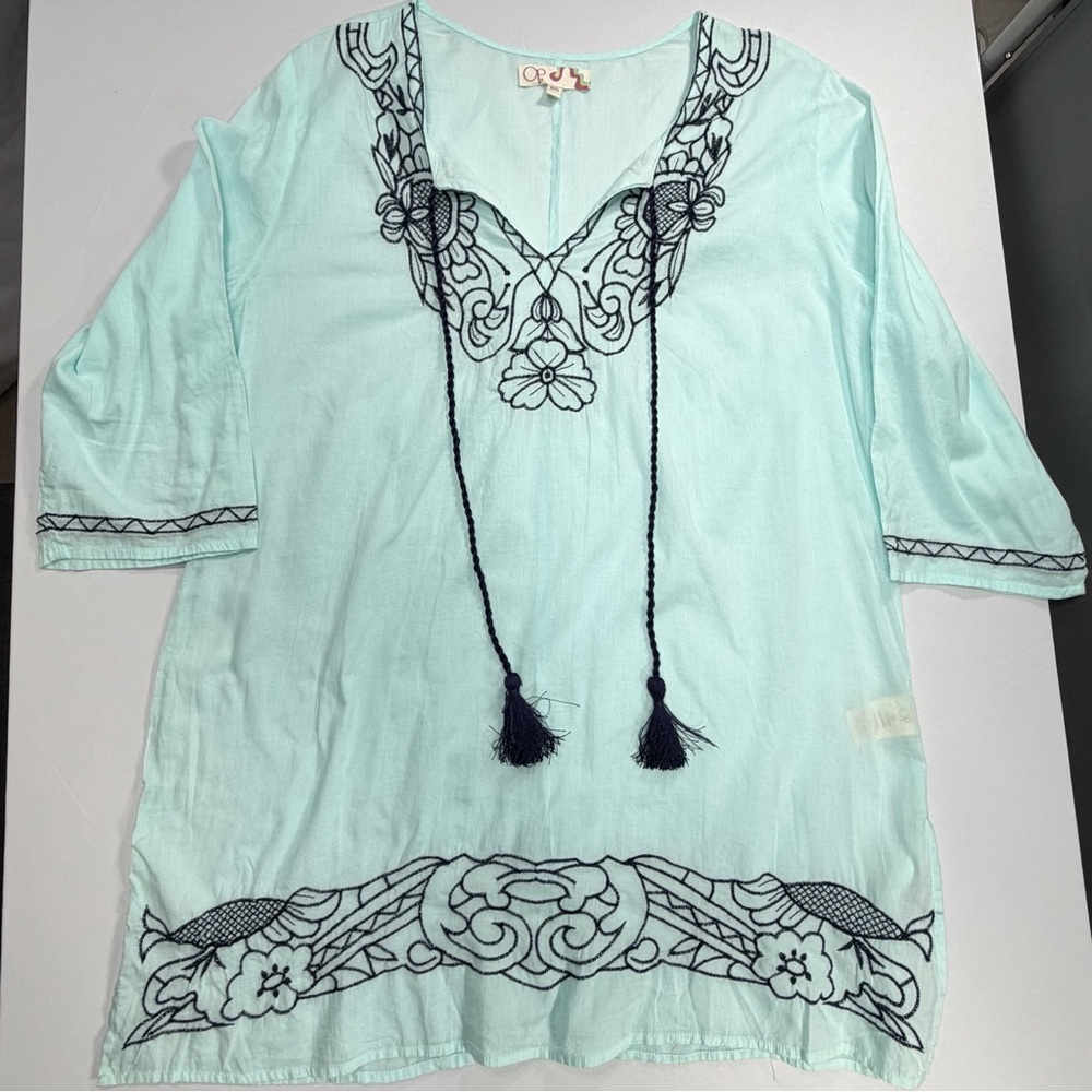 Ocean Pacific Tunic Mint Embroidered Boho Peasant Top Women’s L Festival Beach
